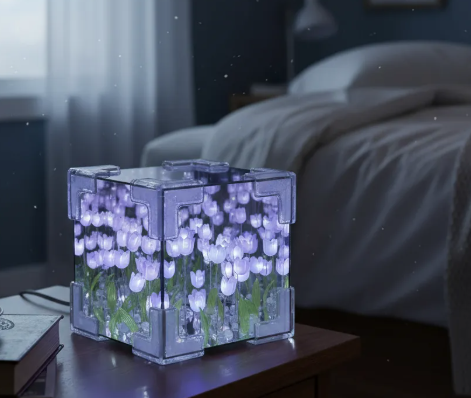 Lámpara decorativa de flores LED, color morado, material acrílico, ideal para dormitorios.